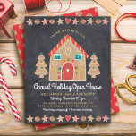 Budget Gingerbread Open House Chalkboard Invite<br><div class="desc">A cute, whimsical gingerbread house and trees, stars, hearts and candies, along with playful script typography, overlay a dark charcoal grey chalkboard background and help you usher in the holiday party season. A peppermint candy pattern over a red background adorns the back. Celebrate with family and friends while you feel...</div>