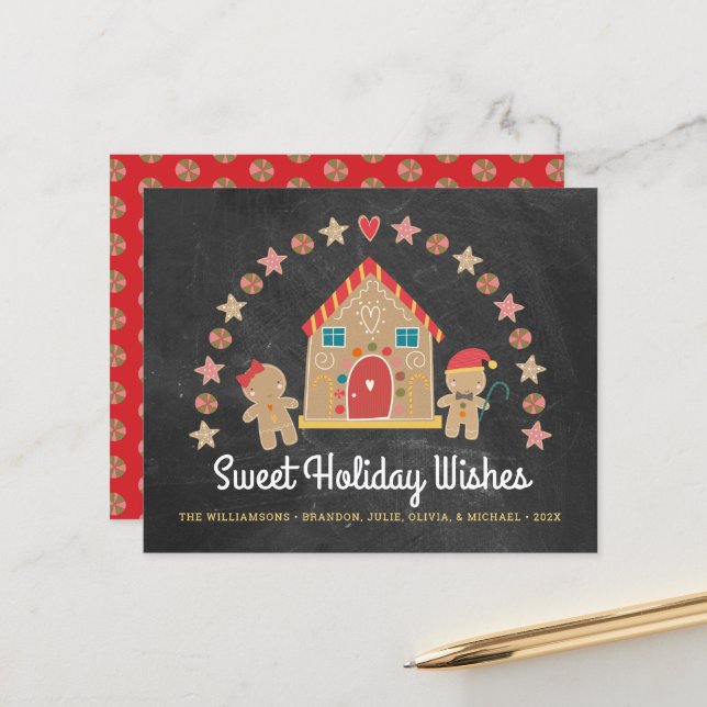 Budget Gingerbread Sweet Holiday Wishes Chalk Card (Front/Back In Situ)