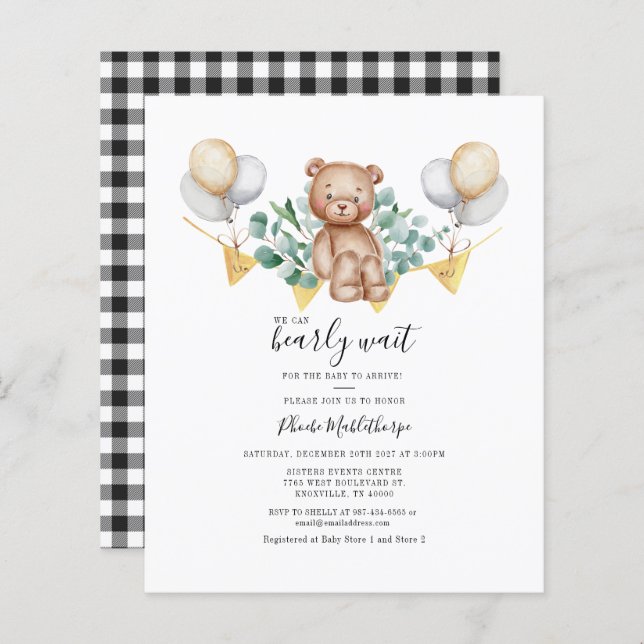 Budget Gingham Baby Shower Eucalyptus Invitation (Front/Back)