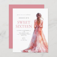 Budget Girl in Pink Gown Sweet 16 Birthday invite