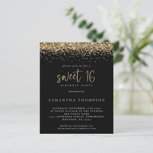 Budget Girly Gold Glitter Sweet 16 Black Invite (Standing Front)