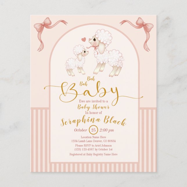 BUDGET Girly Pink Lamb Baby Shower Invitation (Front)