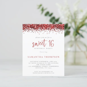 Budget Girly Red Glitter Sweet 16 Invitation
