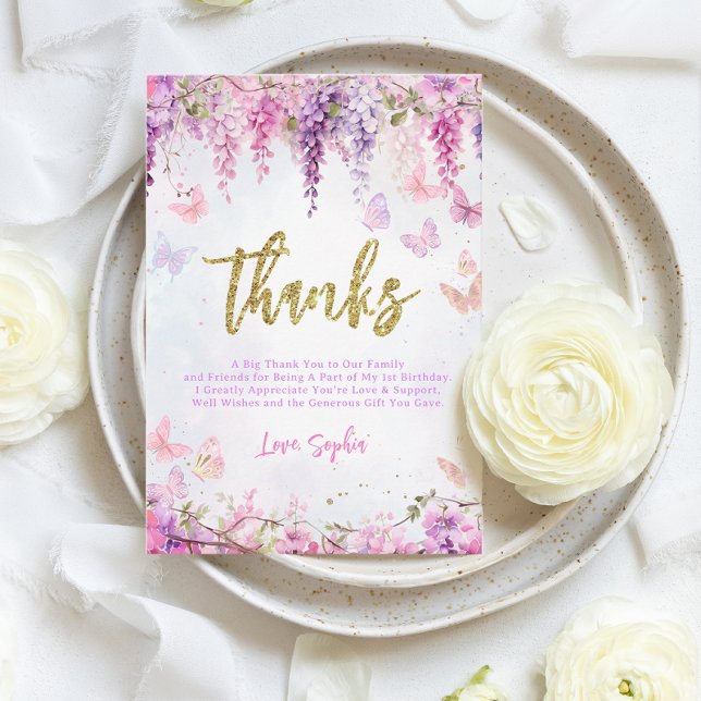 BUDGET Girly Wisteria Gold Butterfly Kids Birthday Thank You Card (Creator Uploaded)