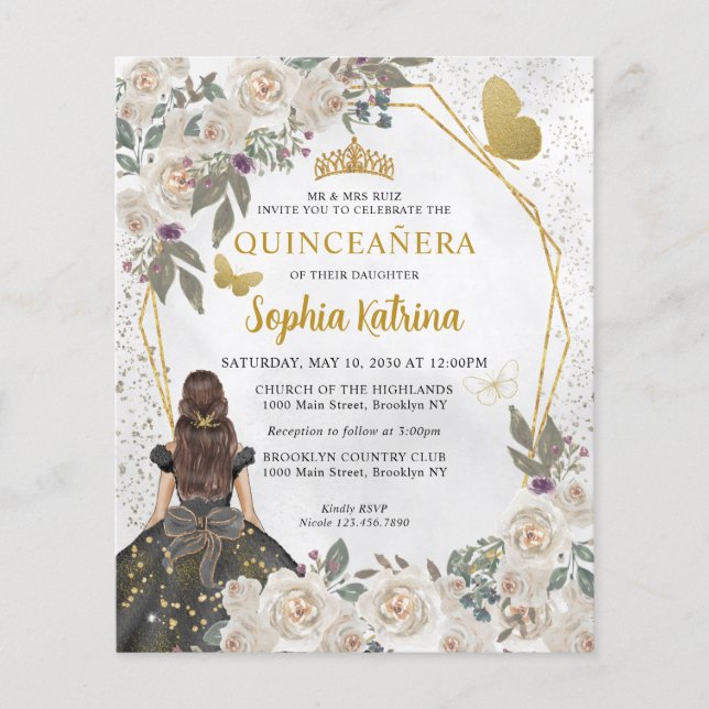 Budget Glam Black Gold Floral Princess Quinceañera (Front)