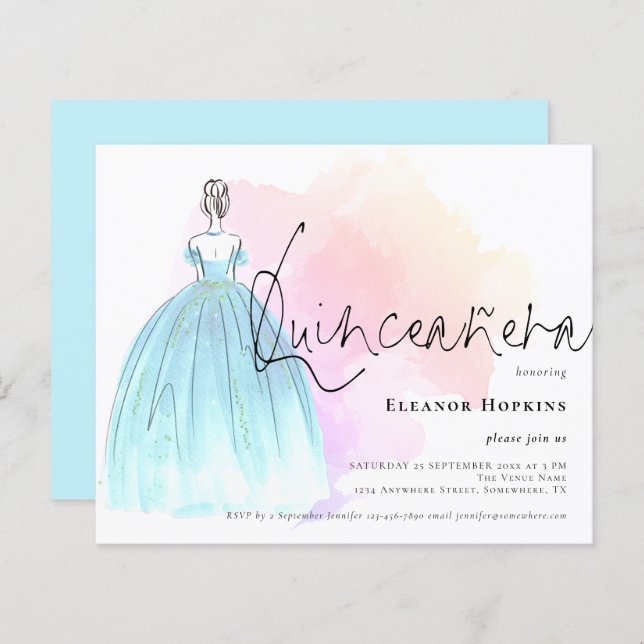 Budget Glam Dress Blue Quinceanera Invitation (Front/Back)