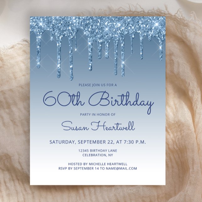 Budget Glam Glitter Blue 60th Birthday Invitation (Creator Uploaded)