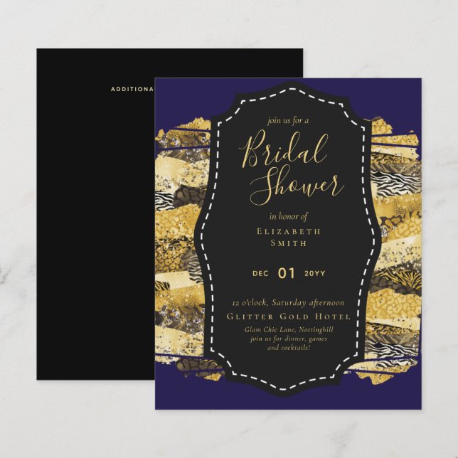 Budget Glam Gold Blue Bridal Shower Invite Animal (Front/Back)
