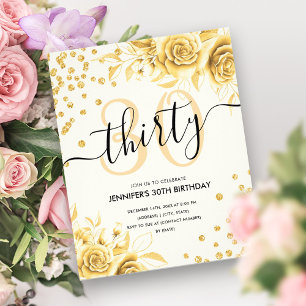 Budget Glam Gold Floral Glitter 30th Birthday  Flyer