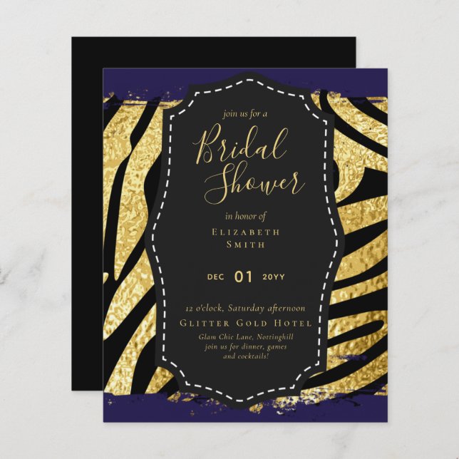 Budget Glam Gold Navy Bridal Shower Invite Animal (Front/Back)