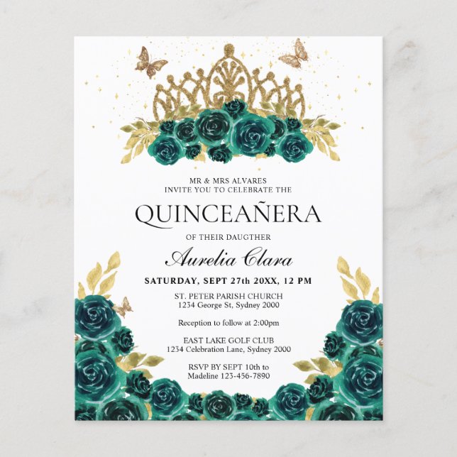 BUDGET Glam Green Floral Gold Tiara Quinceanera (Front)