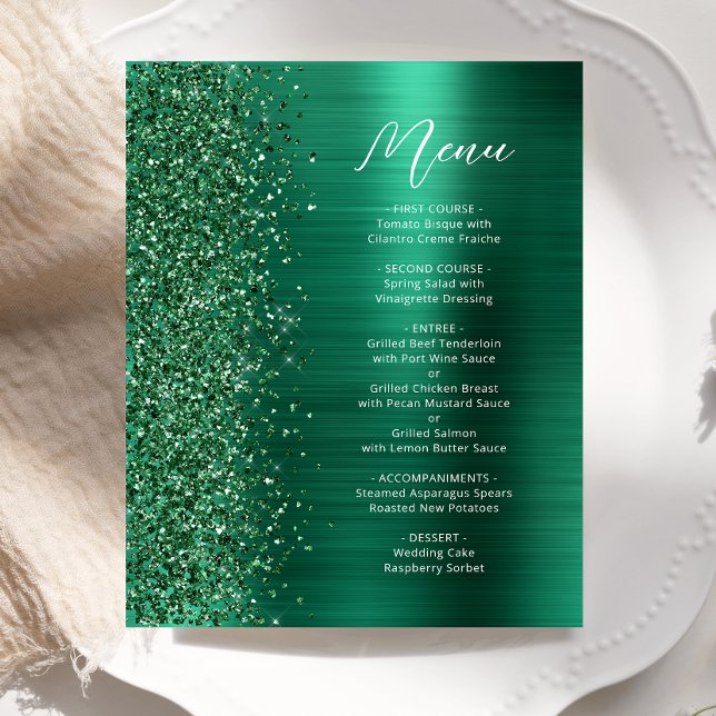 Budget Glam Green Glitter Script Wedding Menu (Creator Uploaded)