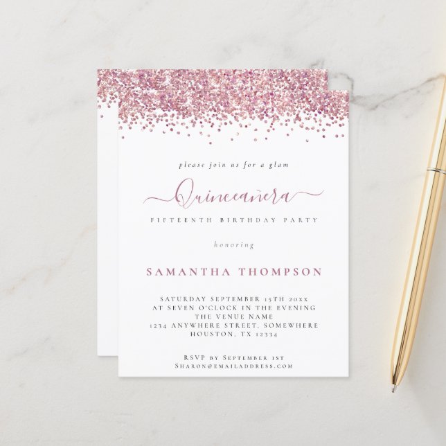 Budget Glam Pink Glitter Quinceañera Invitation (Front/Back In Situ)