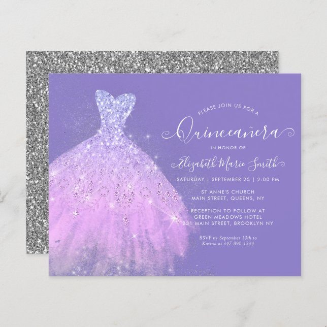Budget Glam Purple Silver Glitter Gown Quinceanera (Front/Back)