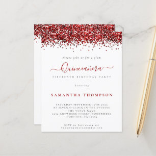 Budget Glam Red Glitter Quinceañera Invitation