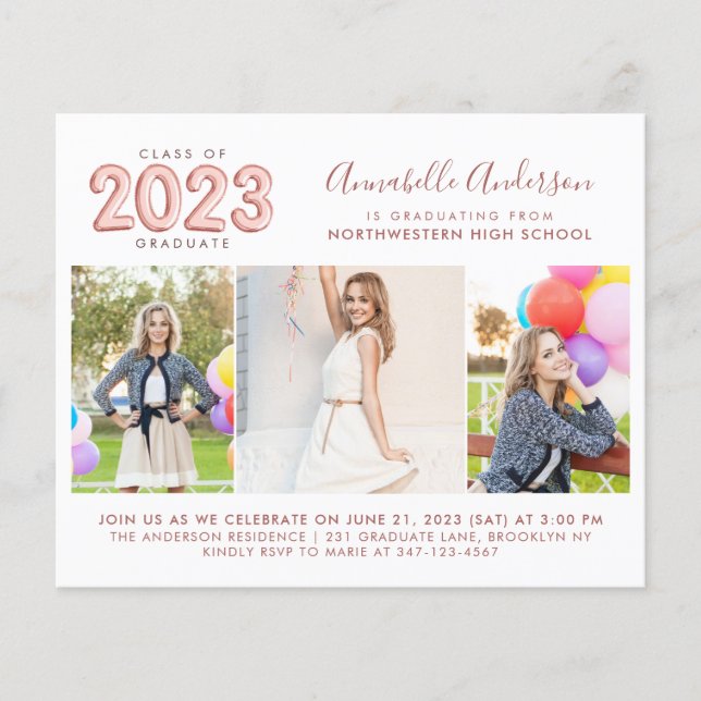 Budget Glam Rose Gold 2023 Photo Graduation Invite (Front)
