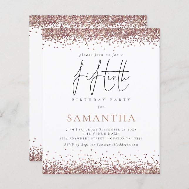 Budget Glam Rose Gold Glitter 50th Party Invite (Front/Back)