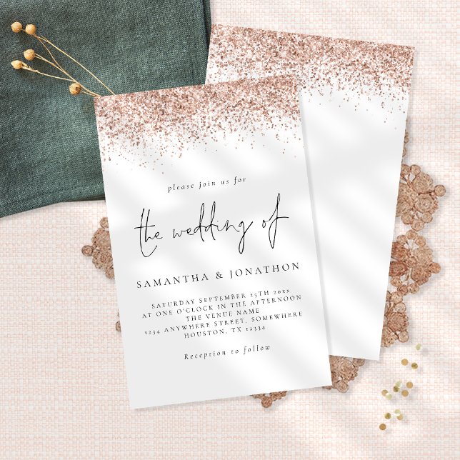 Budget Glam Rose Gold Glitter Wedding White Invite (Creator Uploaded)