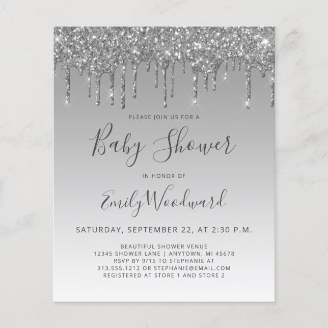 Budget Glam Silver Glitter Baby Shower Invitation (Front)
