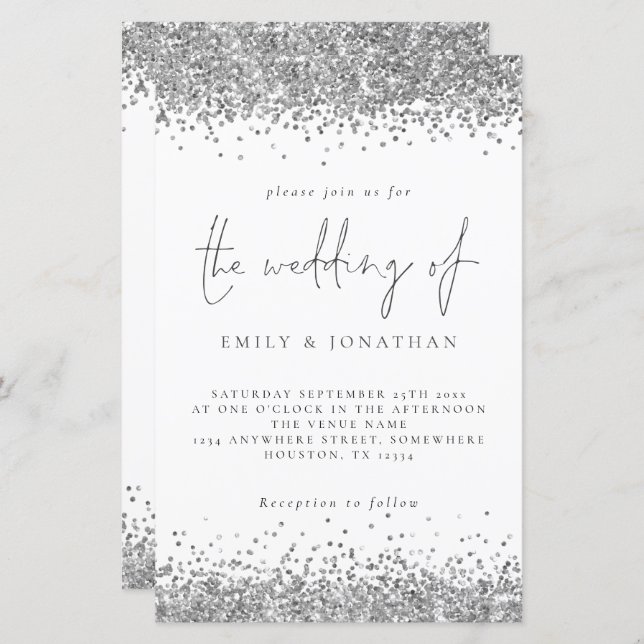 Budget Glam Silver Glitter Wedding Invitation (Front/Back)