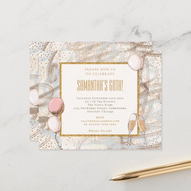 Budget Glitter 60th Party Birthday Invitation (Front/Back In Situ)