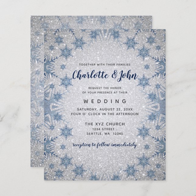 Budget Glitter Blue Snowflakes Wedding invitation (Front/Back)