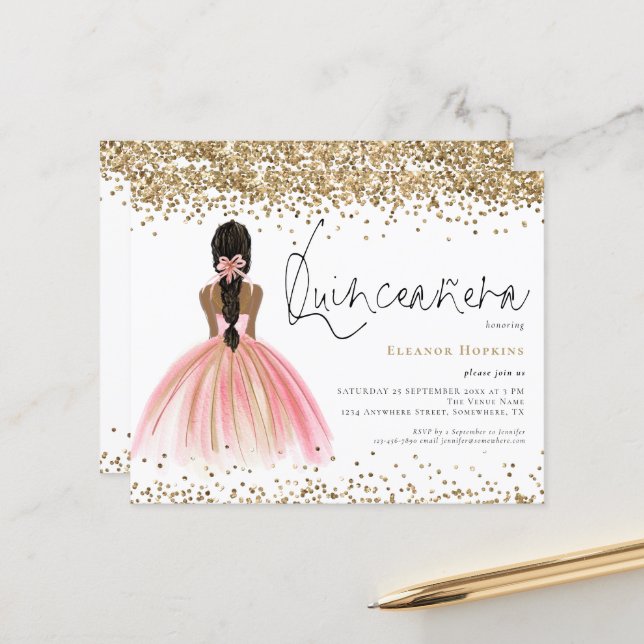 Budget Glitter Dark Hair Pink Gown Quinceanera (Front/Back In Situ)