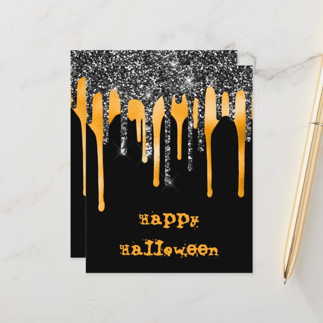 BUDGET Glitter Drip Black Halloween Classroom Card (Front/Back In Situ)