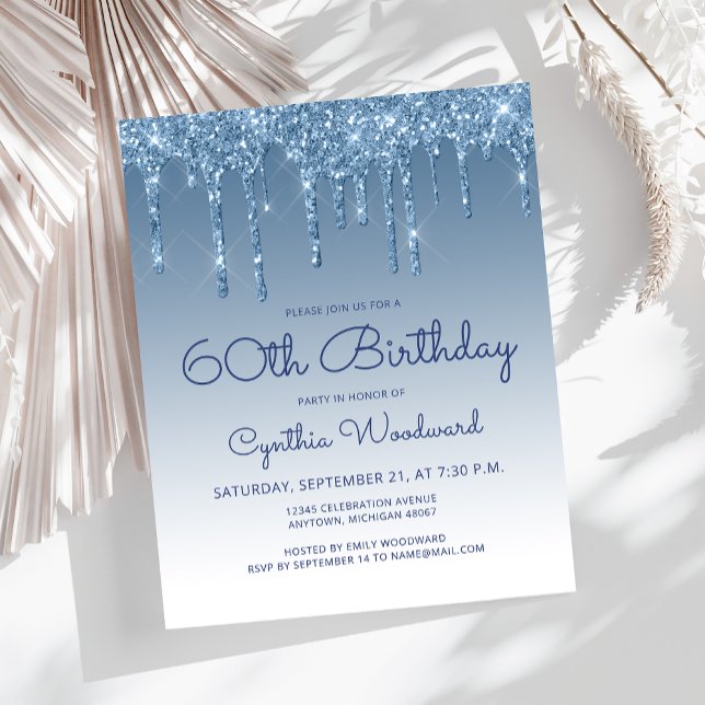 Budget Glitter Drip Blue 60th Birthday Invitation (Creator Uploaded)
