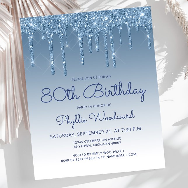 Budget Glitter Drip Blue Birthday Party Invitation (Creator Uploaded)