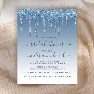 Budget Glitter Drip Blue Bridal Shower Invitation