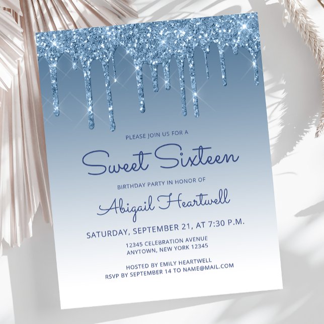 Budget Glitter Drip Blue Sweet 16 Invitation (Creator Uploaded)