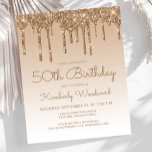 Budget Glitter Drip Gold 50th Birthday Invitation<br><div class="desc">This trendy 50th birthday invitation features a sparkly gold faux glitter drip border and ombre background. The words "50th Birthday" and the name of the guest of honour appear in casual gold handwriting script, with the rest of the customisable text in gold sans serif font. The same gold glitter drip...</div>