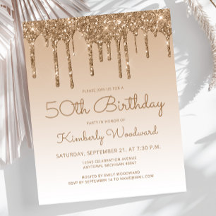 Budget Glitter Drip Gold 50th Birthday Invitation