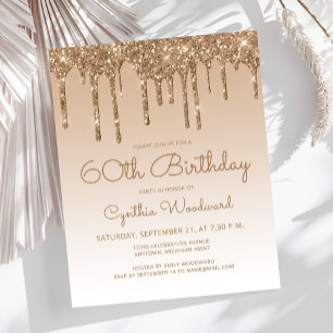Budget Glitter Drip Gold 60th Birthday Invitation