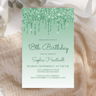Budget Glitter Drip Green 18th Birthday Invitation