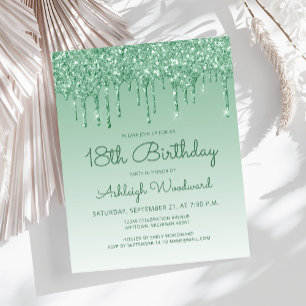 Budget Glitter Drip Green 18th Birthday Invitation