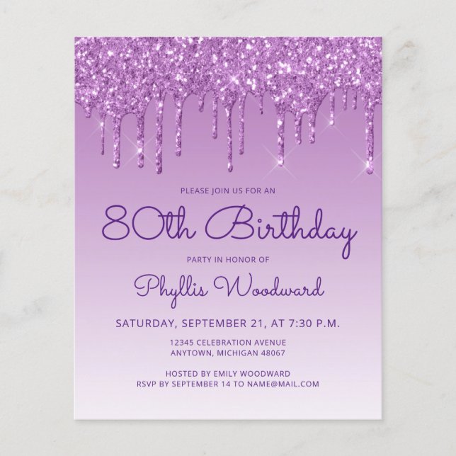 Budget Glitter Drip Purple 80th Birthday Invite (Front)