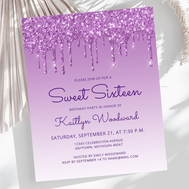 Budget Glitter Drip Purple Sweet 16 Invitation (Creator Uploaded)