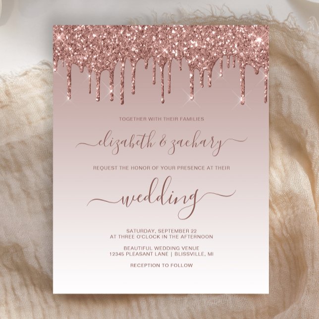Budget Glitter Drip Rose Gold Wedding Invitation (Creator Uploaded)