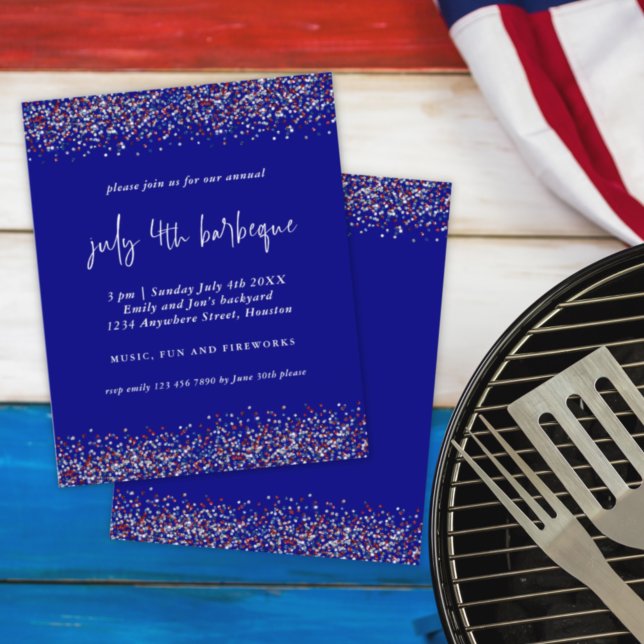 Budget Glitter Red Blue 4th July BBQ Invitation (Creator Uploaded)