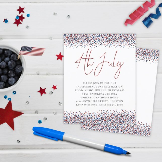 Budget Glitter Red Blue 4th July Party Invitation (Creator Uploaded)