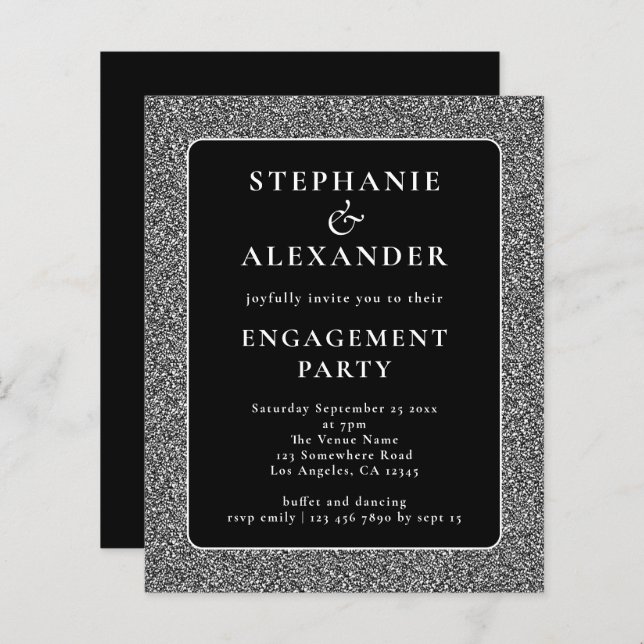 Budget Glitter Silver Black Engagement Party Invit (Front/Back)