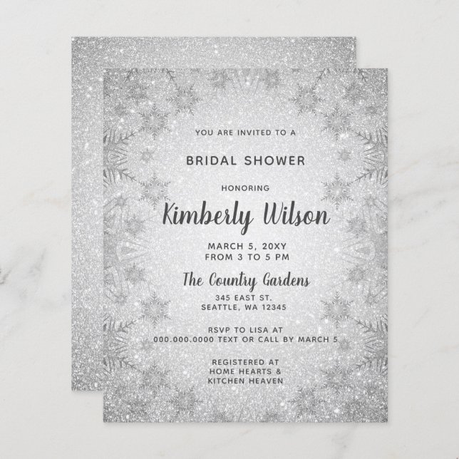 Budget Glitter Snowflakes Bridal Shower Invitation (Front/Back)
