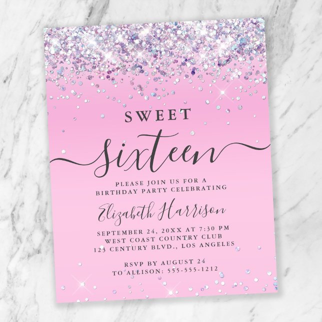 Budget Glitter Sweet 16 Birthday Party Invitation (Creator Uploaded)