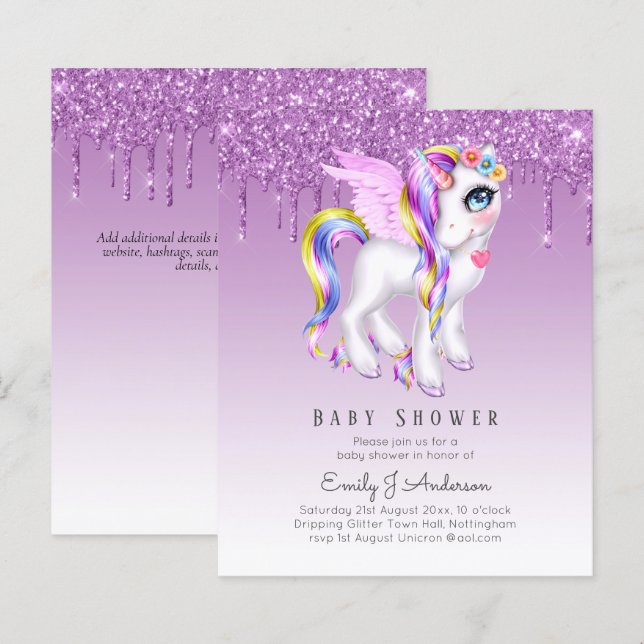 BUDGET Glitter Unicorn Baby Girl Shower Invitation (Front/Back)