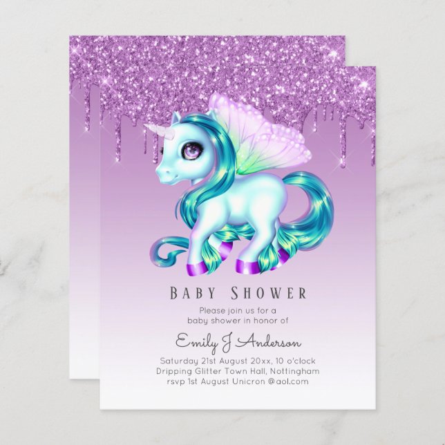 BUDGET Glitter Unicorn Baby Girl Shower Invitation (Front/Back)