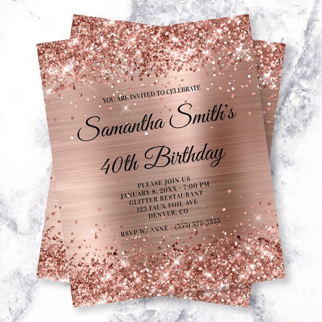 Budget Glittery Rose Gold Foil Birthday Invite (Glittery Rose Gold Glam Birthday Budget Invite)