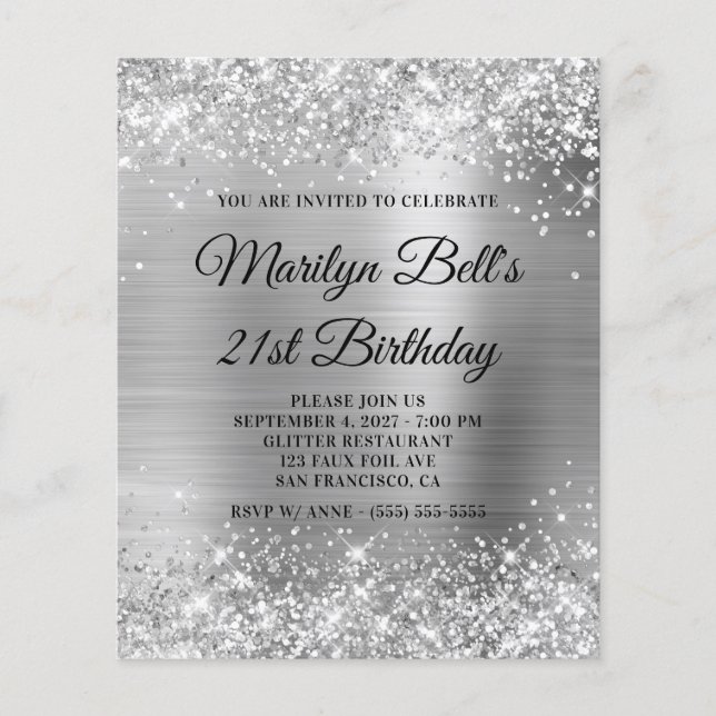 Budget Glittery Silver 21st Birthday Invite (Front)