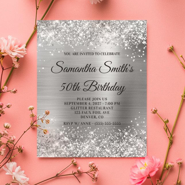Budget Glittery Silver Foil 50th Birthday Invite (Budget Glittery Silver Foil 50th Birthday Invite)